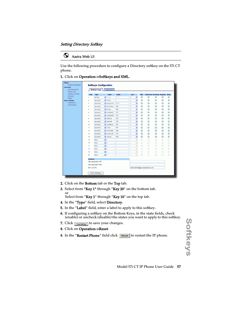 Setting directory softkey, Softkeys | Aastra Telecom 57i CT IP Phone User Manual | Page 65 / 166