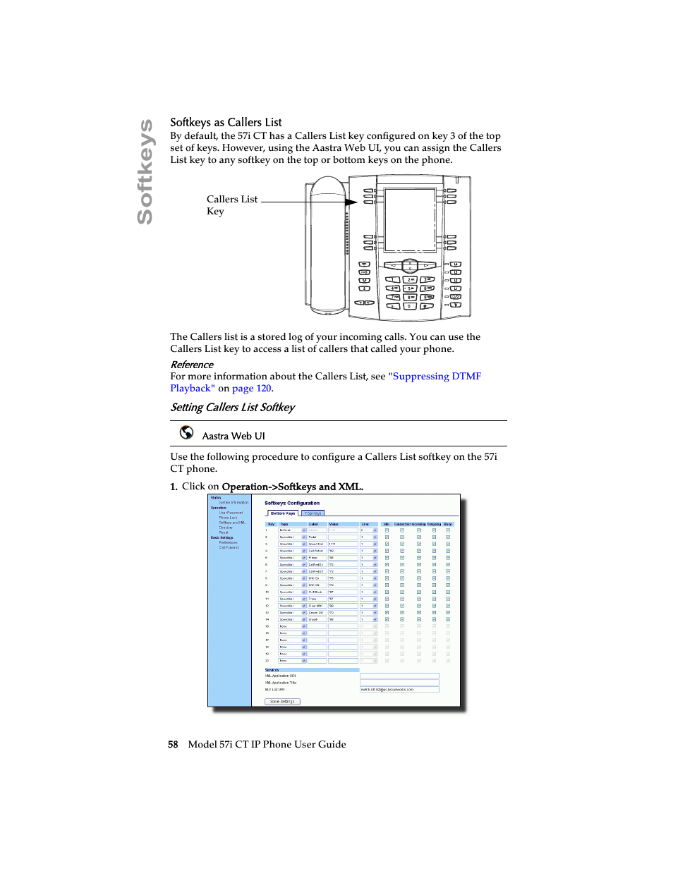 Softkeys as callers list, Setting callers list softkey, Softkeys | Aastra Telecom 57i CT IP Phone User Manual | Page 66 / 166