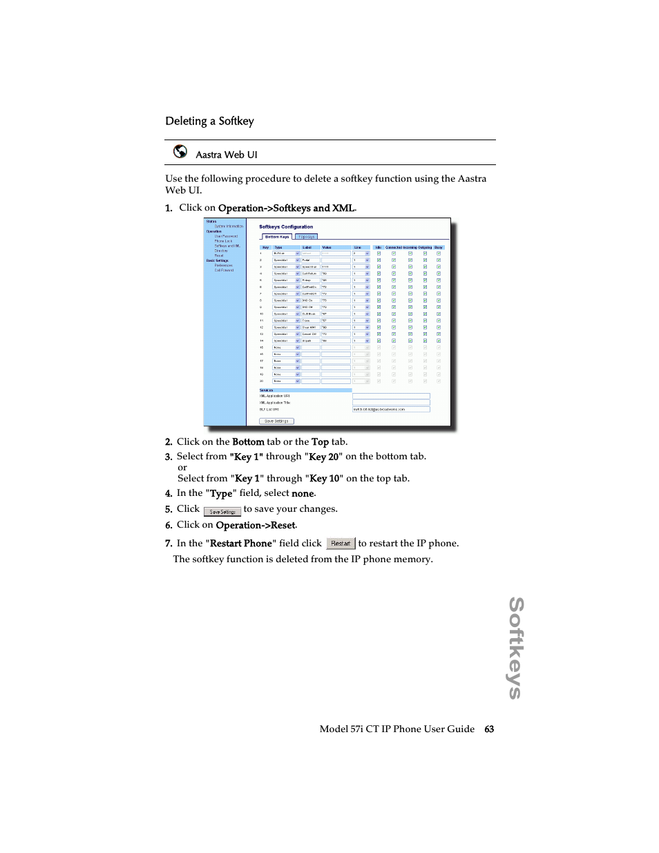 Deleting a softkey, Softkeys | Aastra Telecom 57i CT IP Phone User Manual | Page 71 / 166