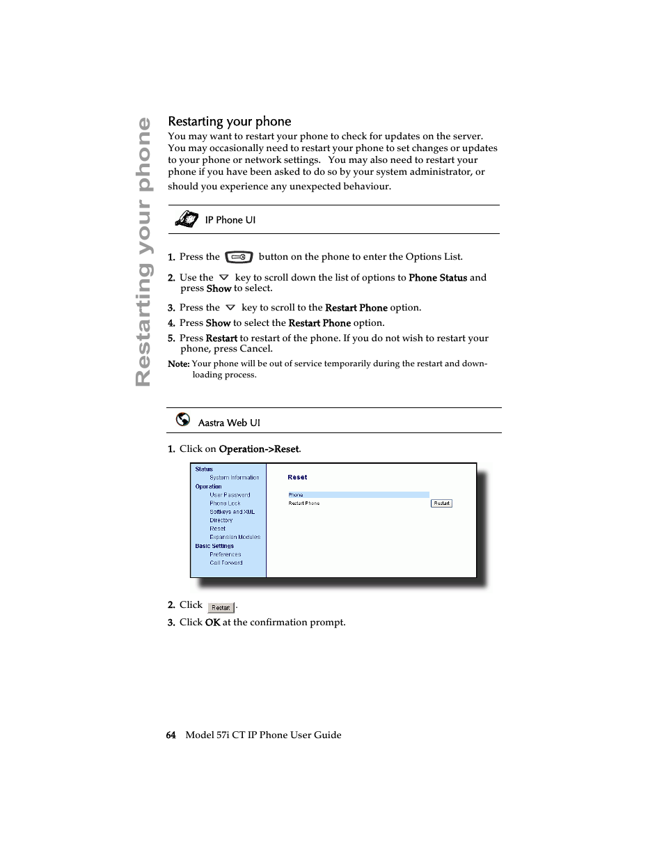 Restarting your phone | Aastra Telecom 57i CT IP Phone User Manual | Page 72 / 166