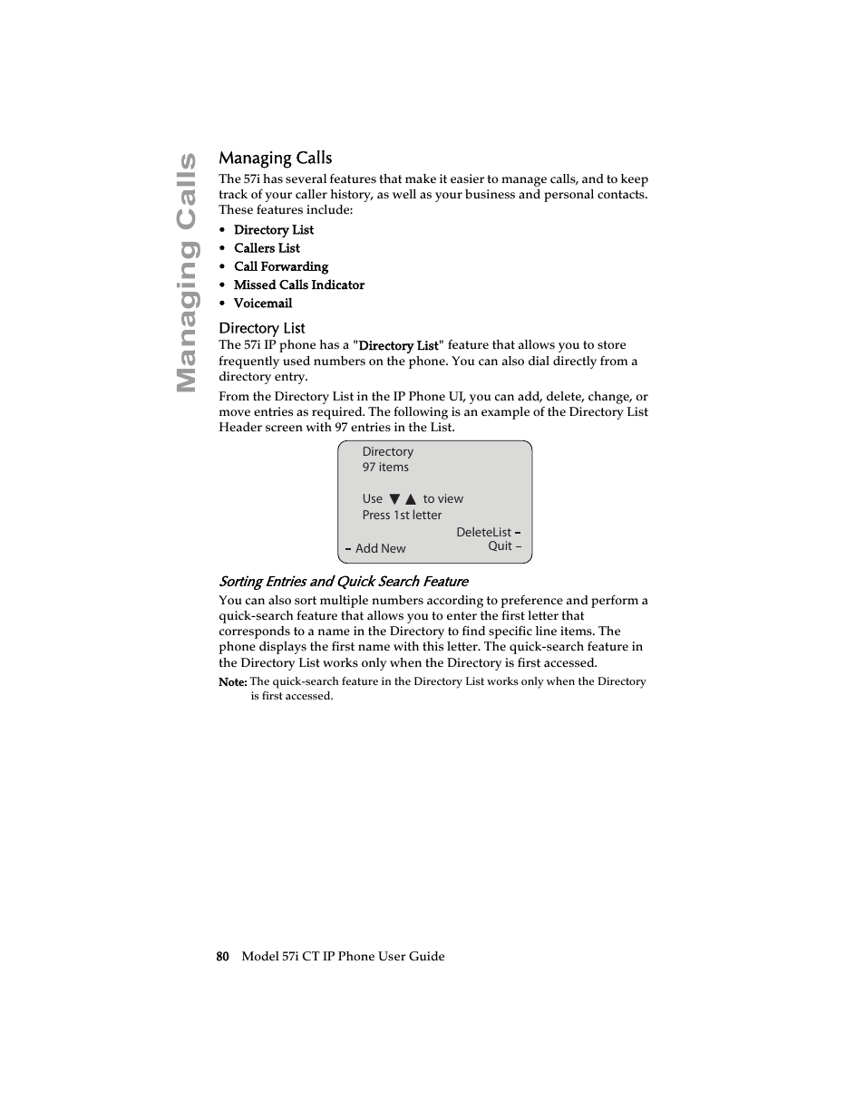 Managing calls, Directory list, Sorting entries and quick search feature | Aastra Telecom 57i CT IP Phone User Manual | Page 88 / 166