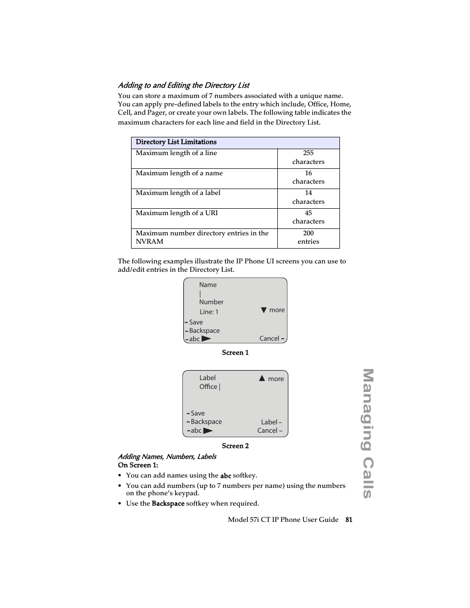 Adding to and editing the directory list, Managing calls | Aastra Telecom 57i CT IP Phone User Manual | Page 89 / 166