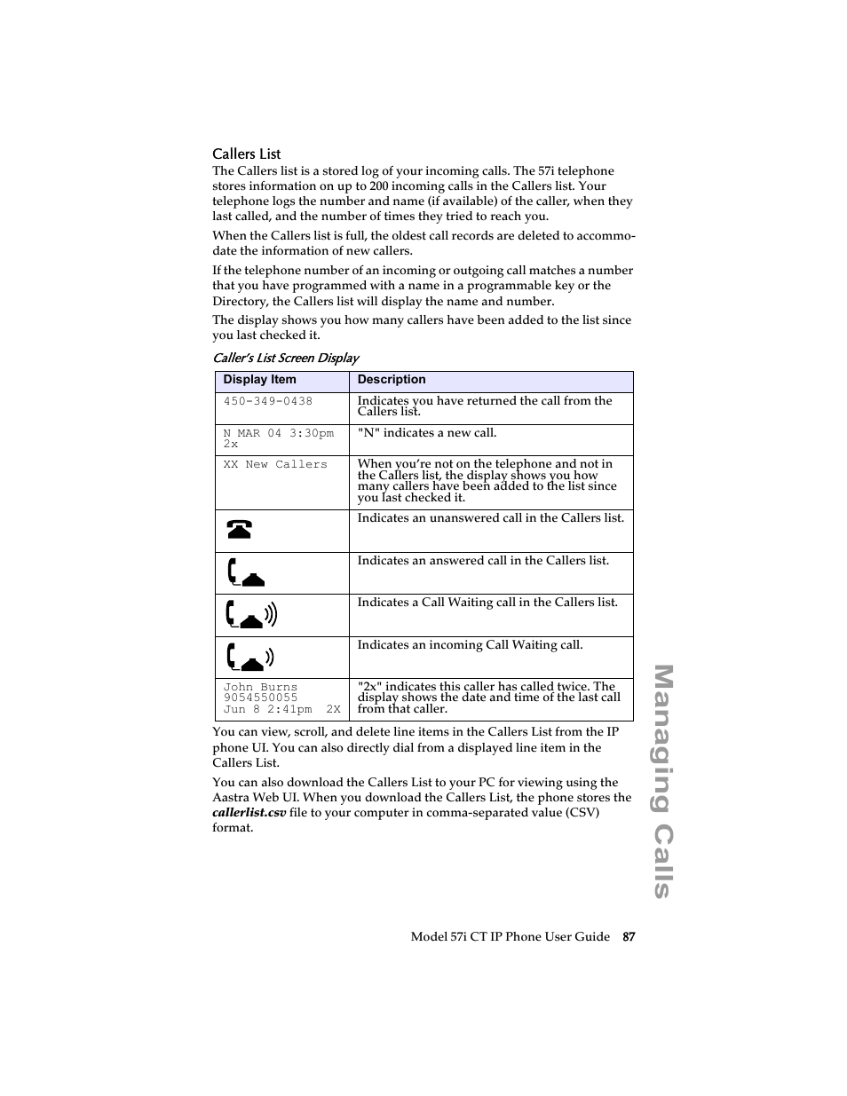 Callers list, Managing calls | Aastra Telecom 57i CT IP Phone User Manual | Page 95 / 166