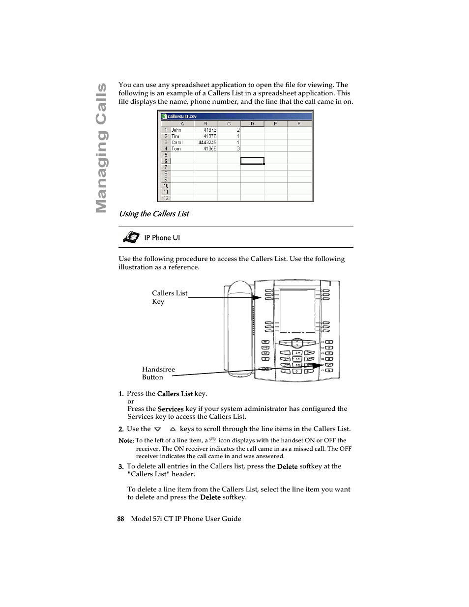 Using the callers list, Managing calls | Aastra Telecom 57i CT IP Phone User Manual | Page 96 / 166