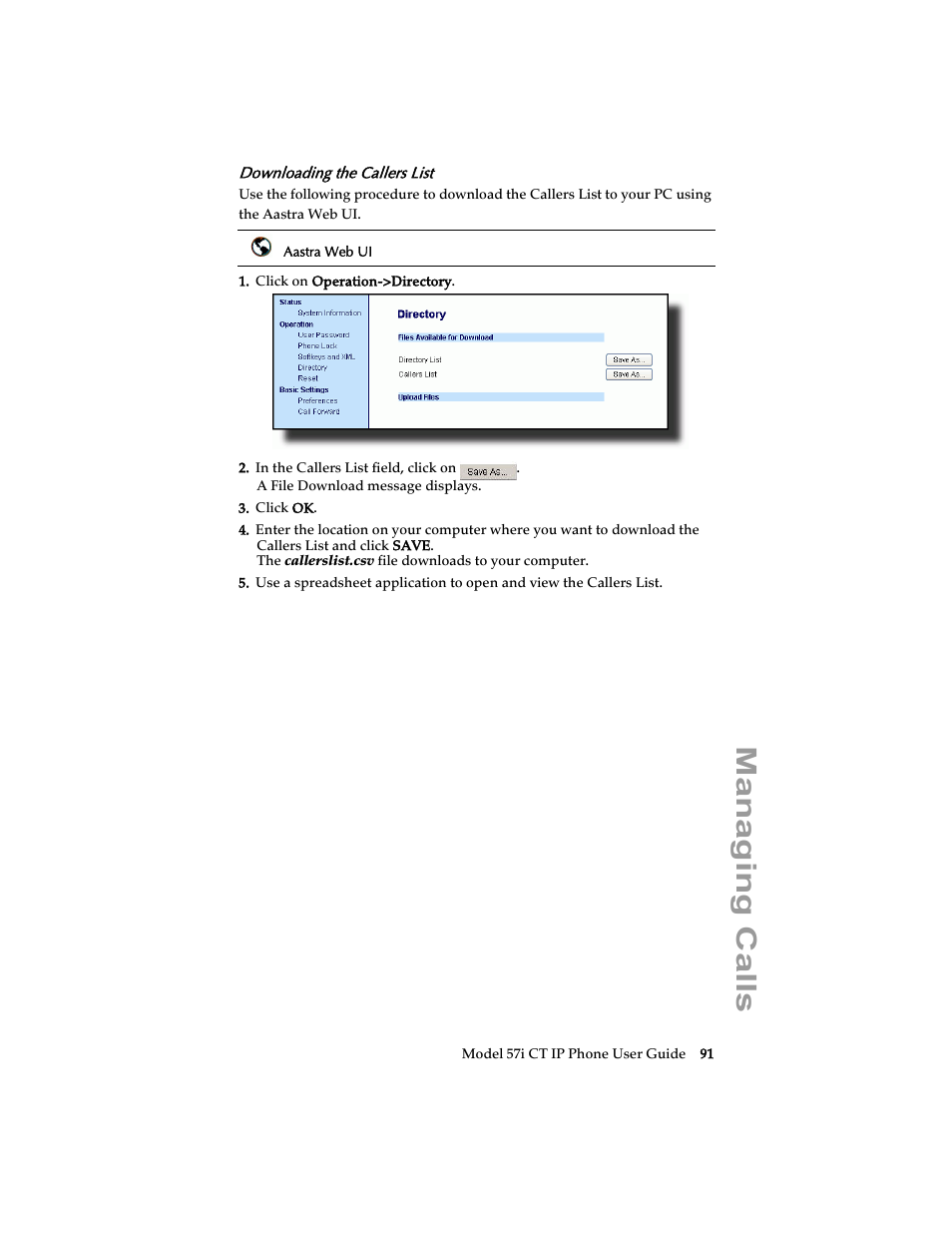 Downloading the callers list, Managing calls | Aastra Telecom 57i CT IP Phone User Manual | Page 99 / 166