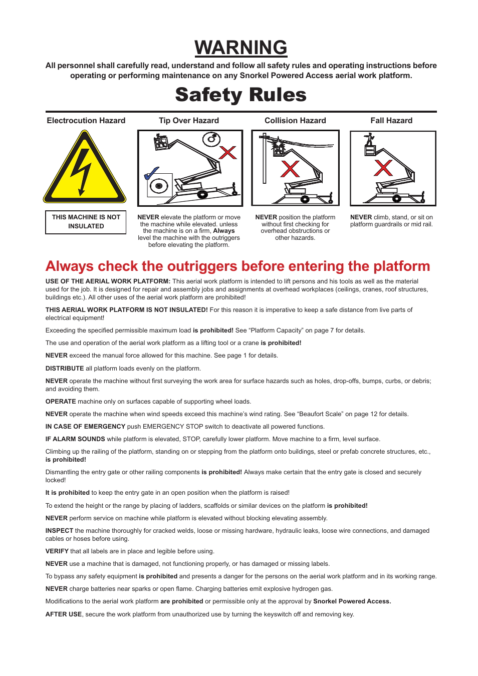 Warning, Safety rules | Snorkel TL34-01-sn000123+ User Manual | Page 5 / 34