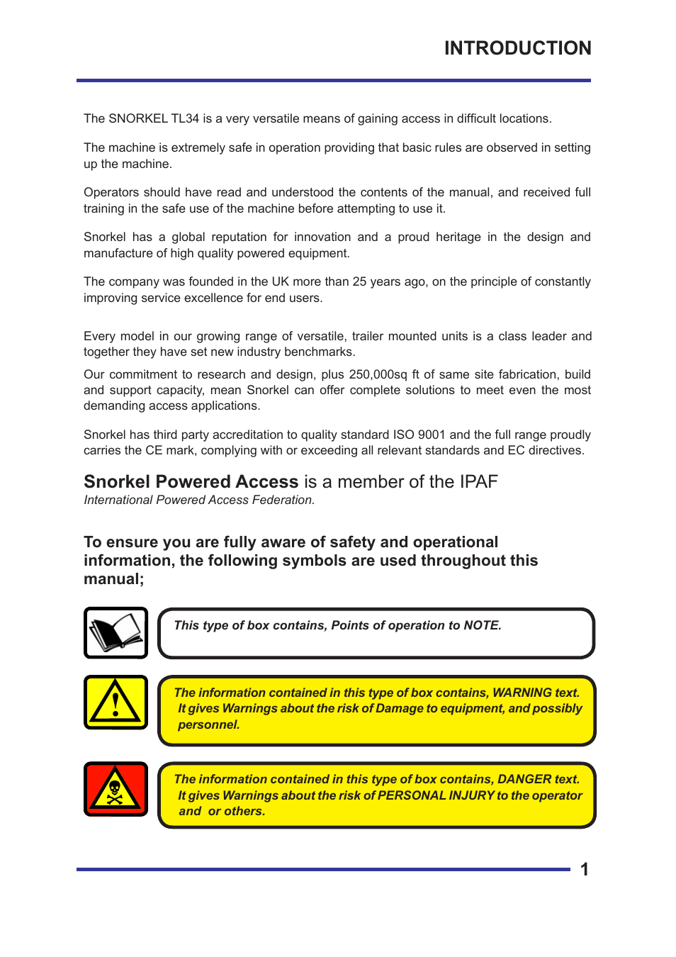 Introduction, Snorkel powered access is a member of the ipaf | Snorkel TL34-01-sn000123+ User Manual | Page 7 / 34