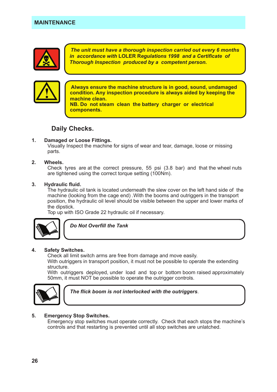 Daily checks | Snorkel TL37-sn7000+V-1 User Manual | Page 30 / 38