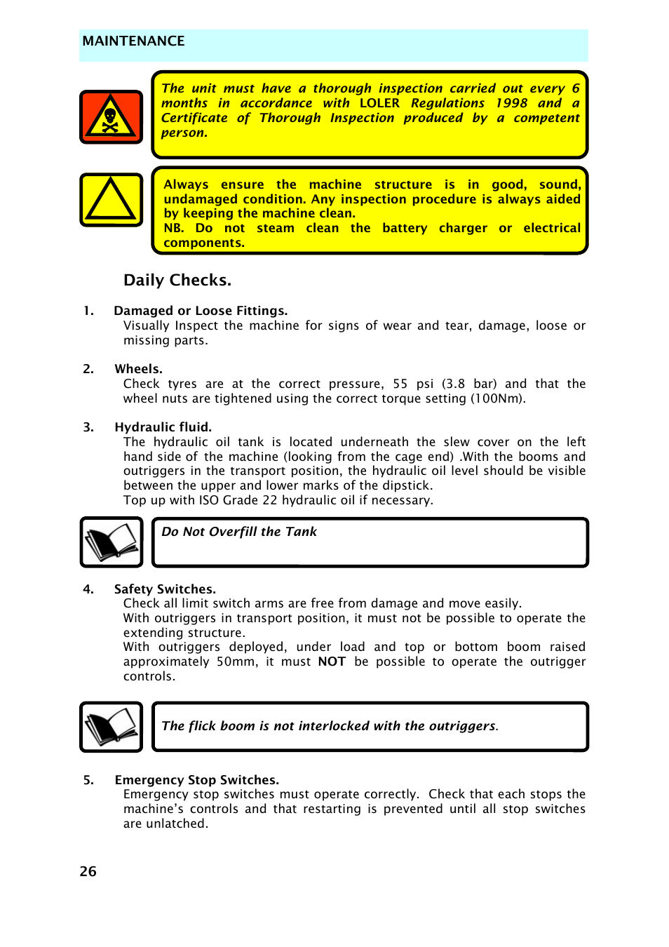 Daily checks | Snorkel TL37-sn7000+V-2 User Manual | Page 30 / 174