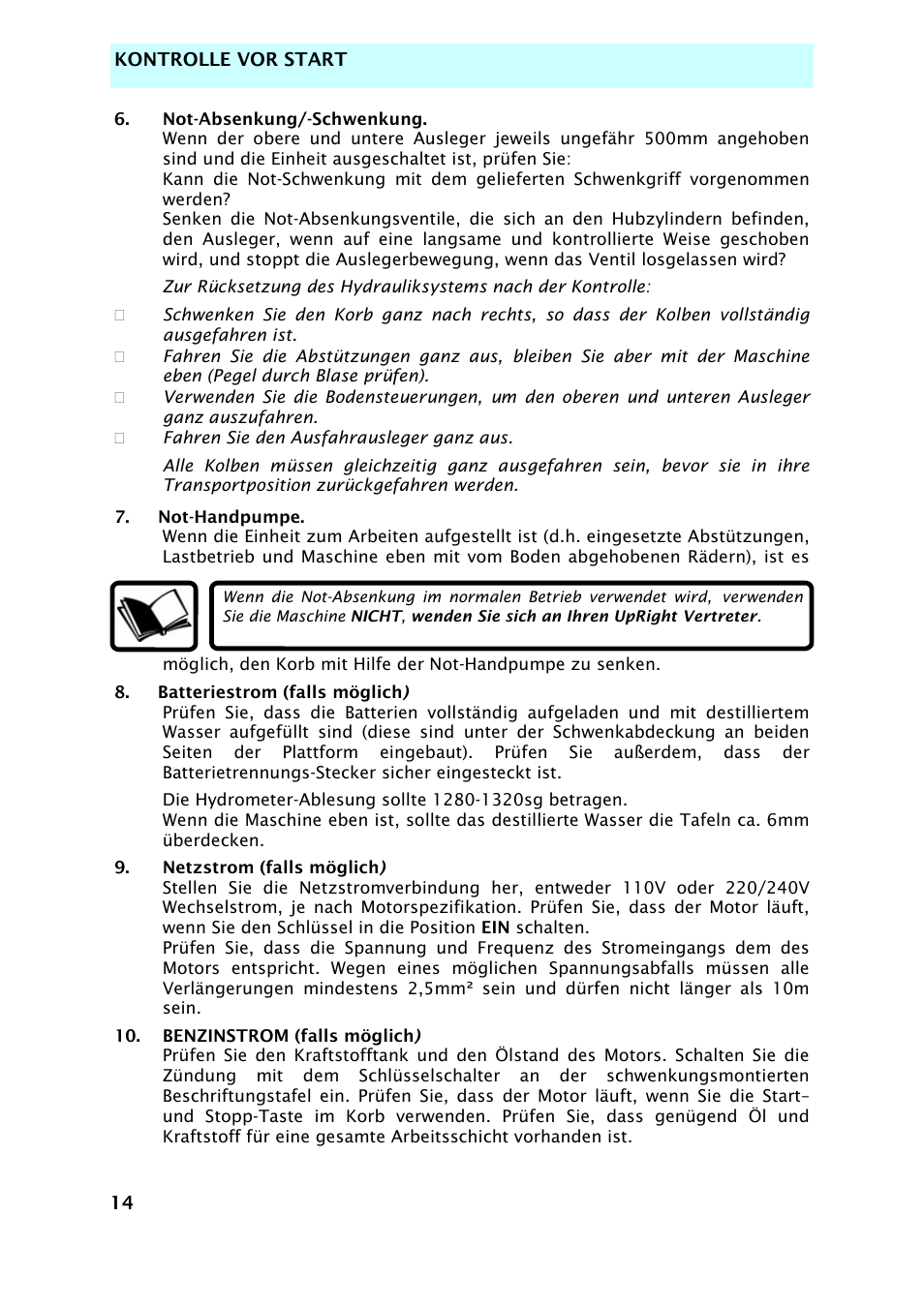 Kontrolle vor start | Snorkel TL37-sn7000+V-2 User Manual | Page 52 / 174