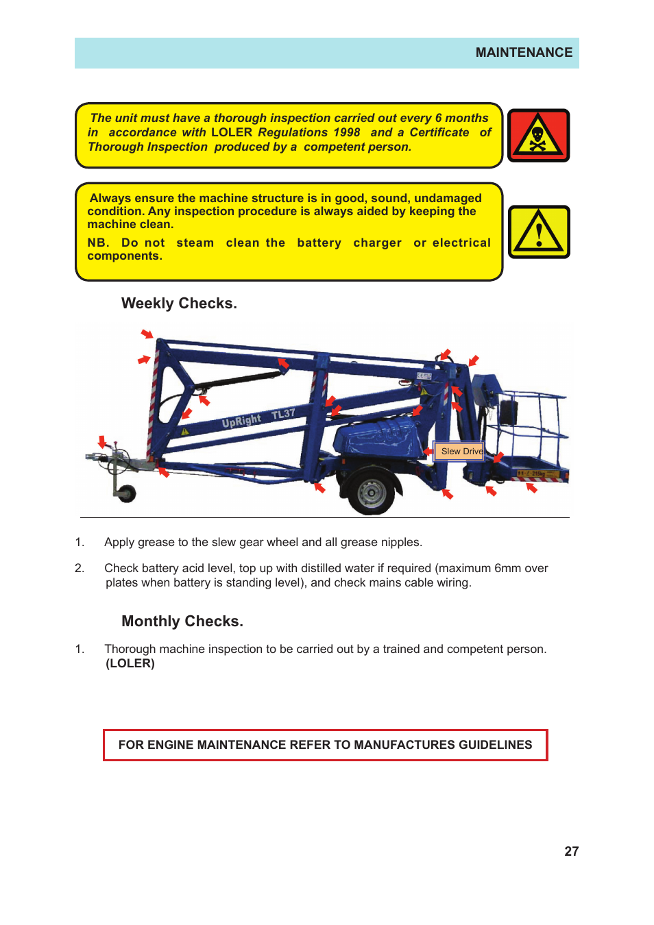 Weekly checks, Monthly checks | Snorkel TL37J-sn7500 User Manual | Page 31 / 38