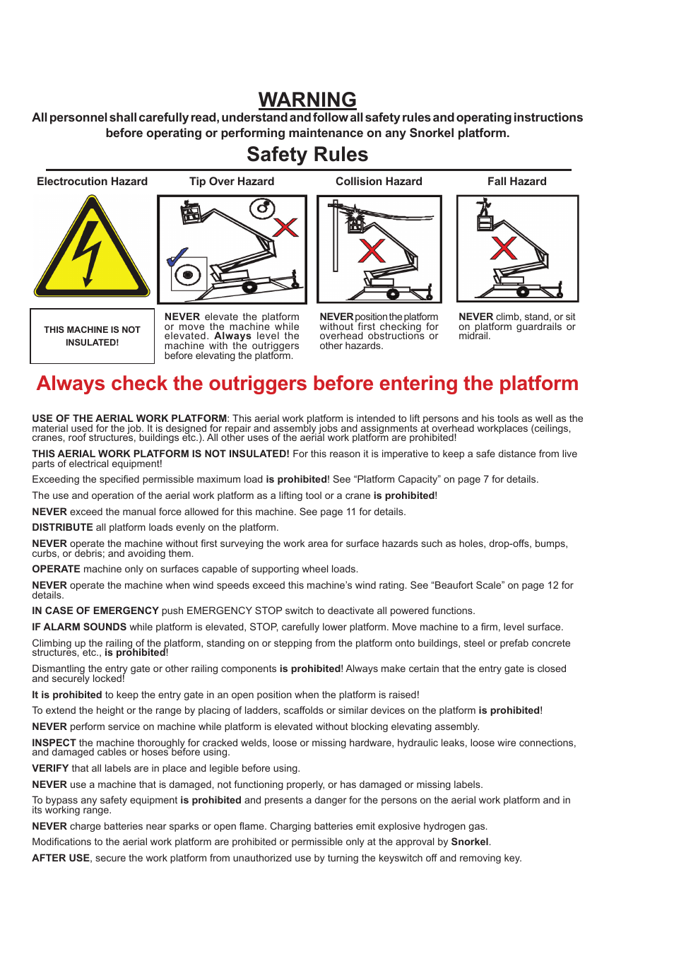 Warning, Safety rules | Snorkel TL37J-sn7500 User Manual | Page 5 / 38