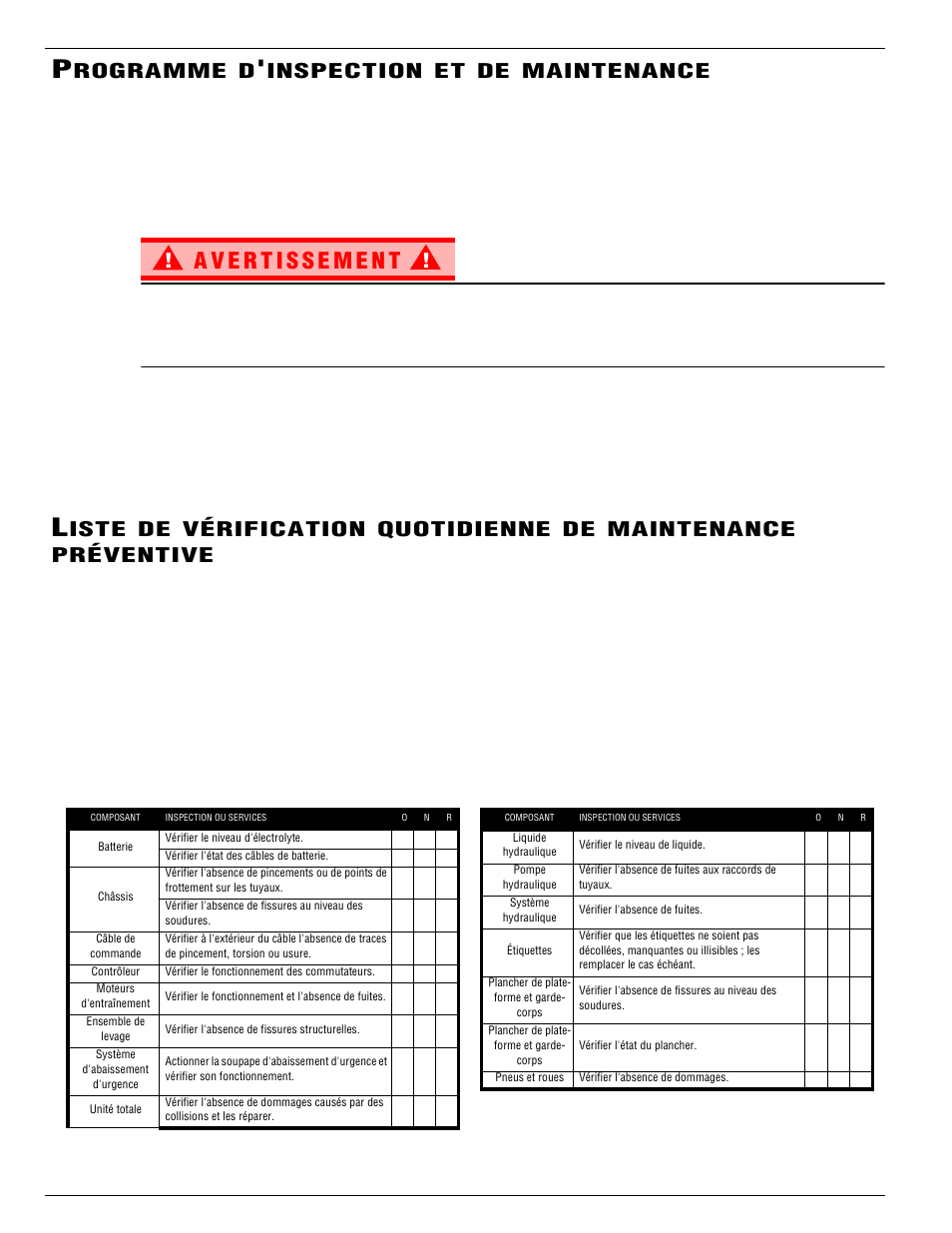 Rogramme, Inspection, Maintenance | Iste, Vérification, Quotidienne, Préventive | Snorkel TL38-sn1754+CE User Manual | Page 52 / 93