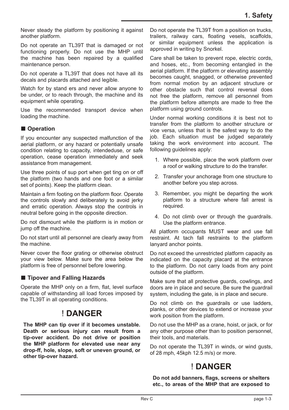 Danger, Safety | Snorkel TL39T User Manual | Page 15 / 84