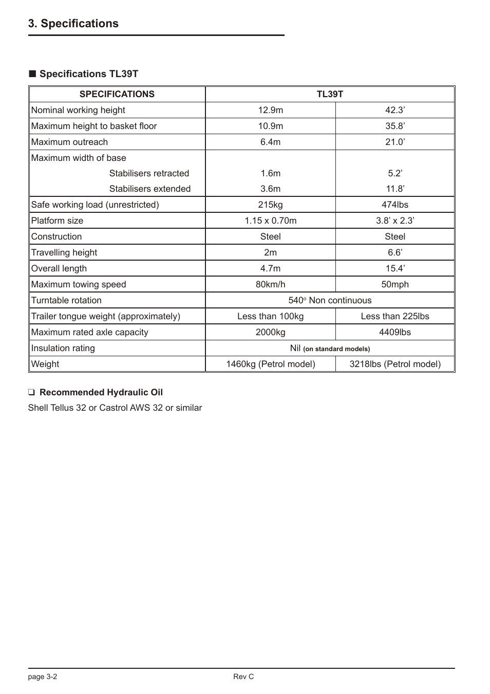 Specifications | Snorkel TL39T User Manual | Page 26 / 84