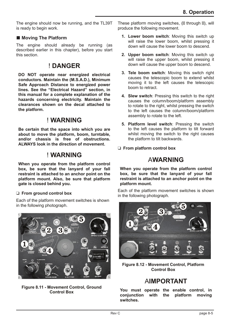 Danger, Warning, Awarning | Aimportant, Operation | Snorkel TL39T User Manual | Page 55 / 84