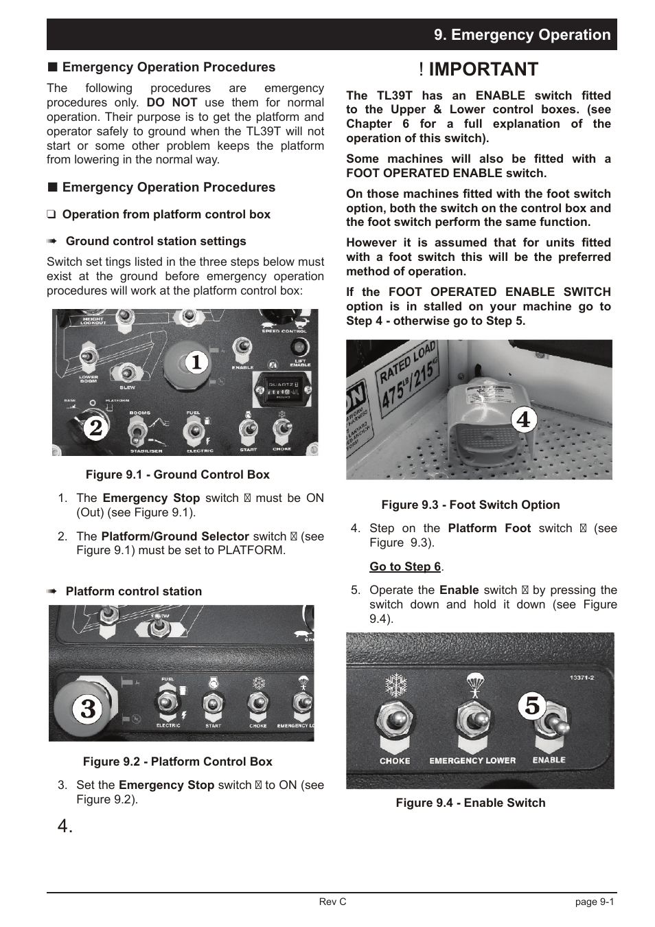 ! important, Emergency operation | Snorkel TL39T User Manual | Page 57 / 84