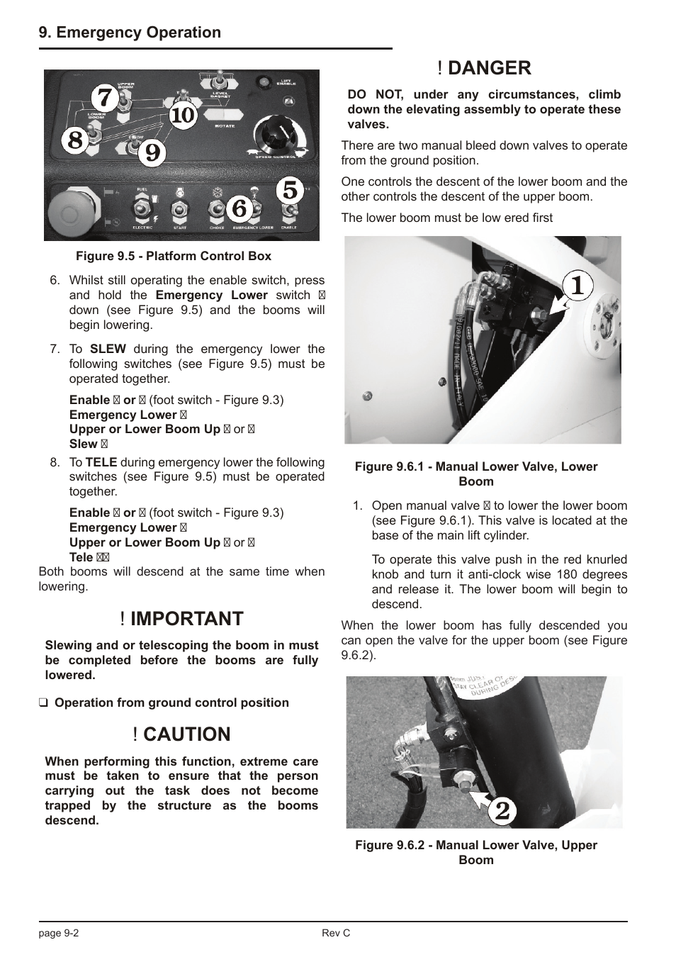 Important, Caution, Danger | Emergency operation | Snorkel TL39T User Manual | Page 58 / 84