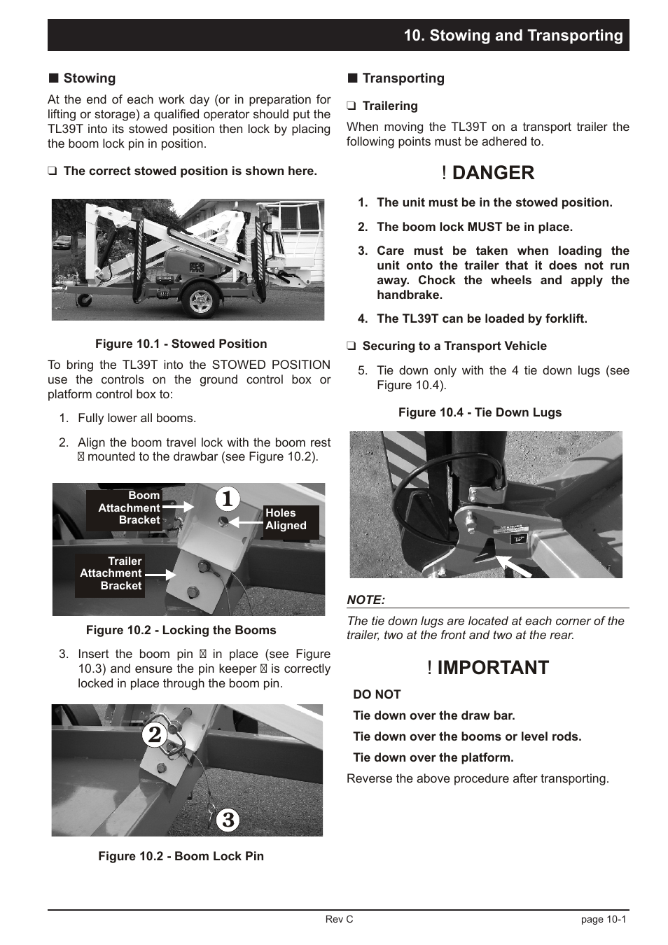 Danger, Important, Stowing and transporting | Snorkel TL39T User Manual | Page 61 / 84