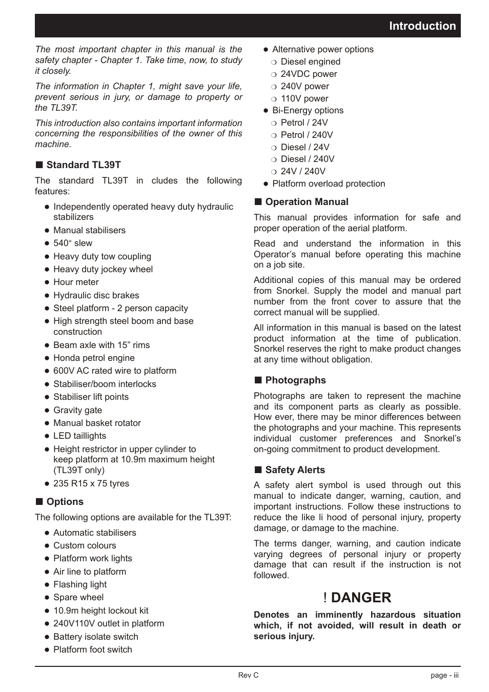Danger, Introduction | Snorkel TL39T User Manual | Page 7 / 84