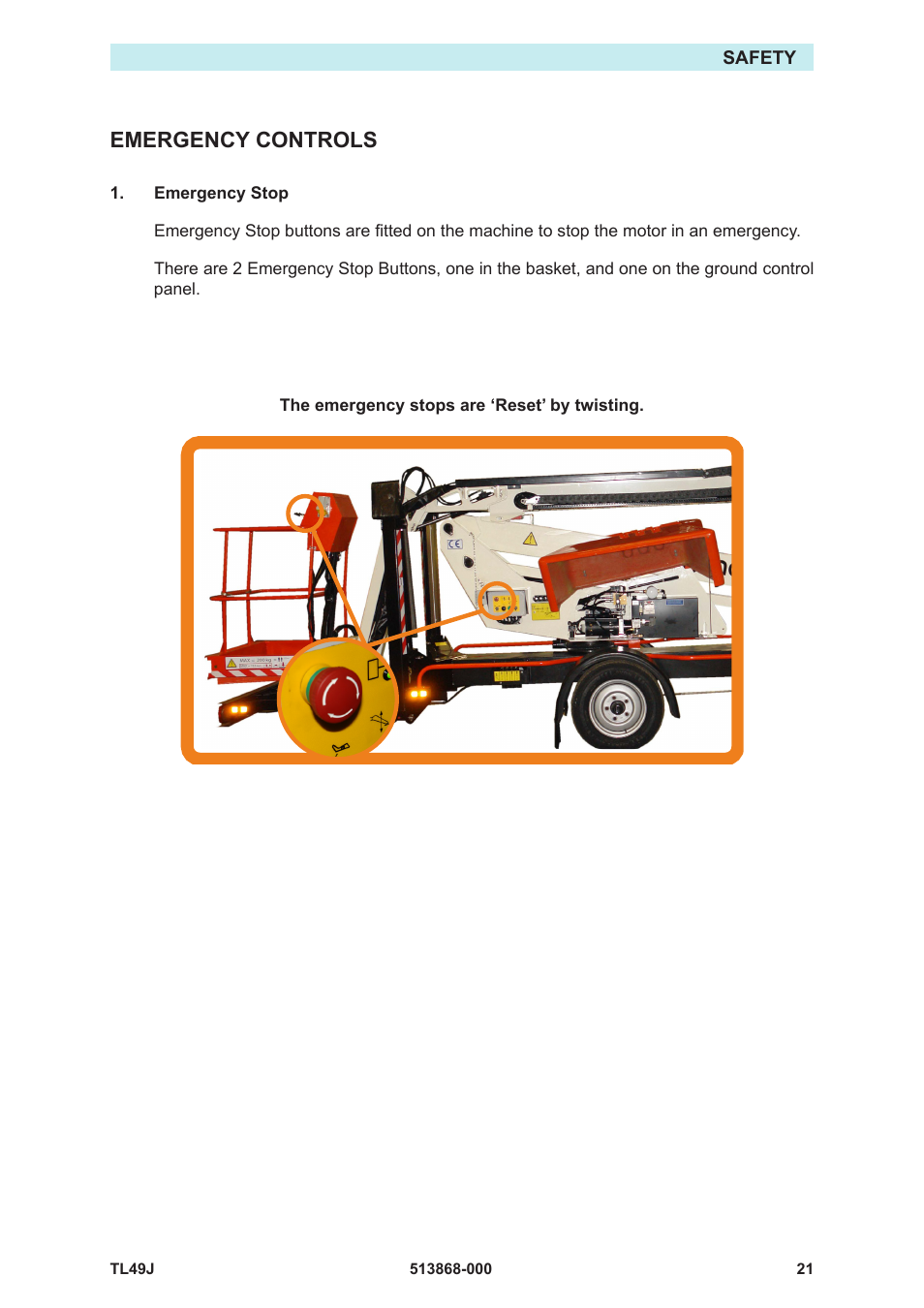 Emergency controls | Snorkel TL49J-01-sn008562+ User Manual | Page 25 / 40