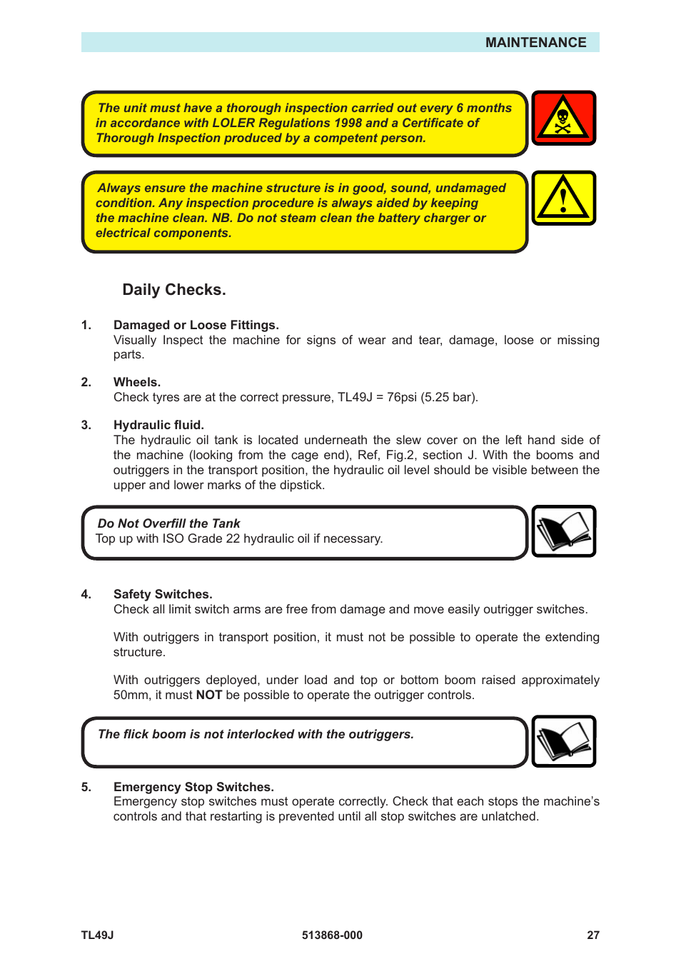 Daily checks | Snorkel TL49J-01-sn008562+ User Manual | Page 31 / 40