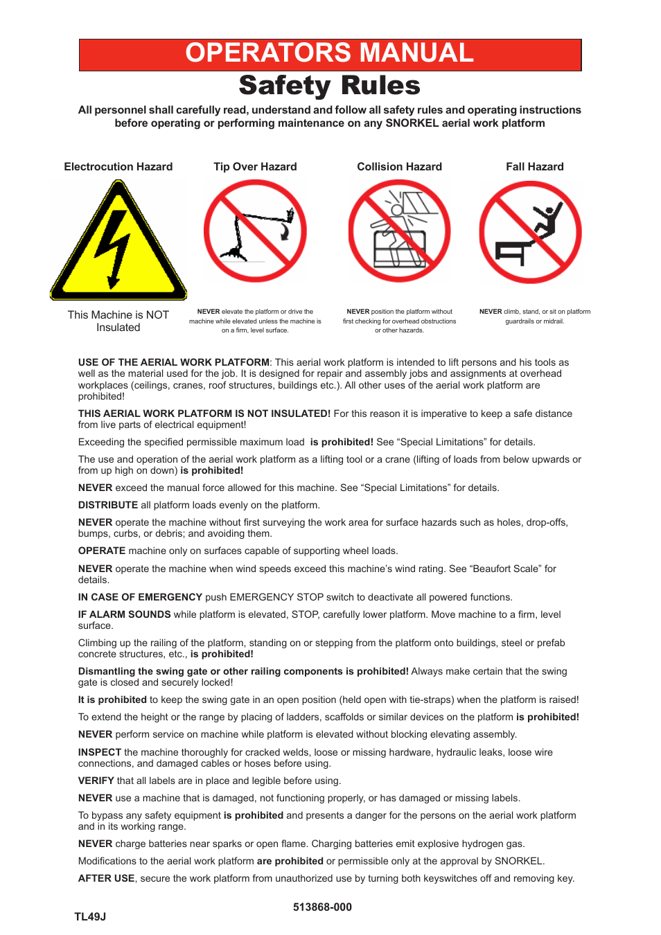 Operators manual safety rules | Snorkel TL49J-01-sn008562+ User Manual | Page 5 / 40