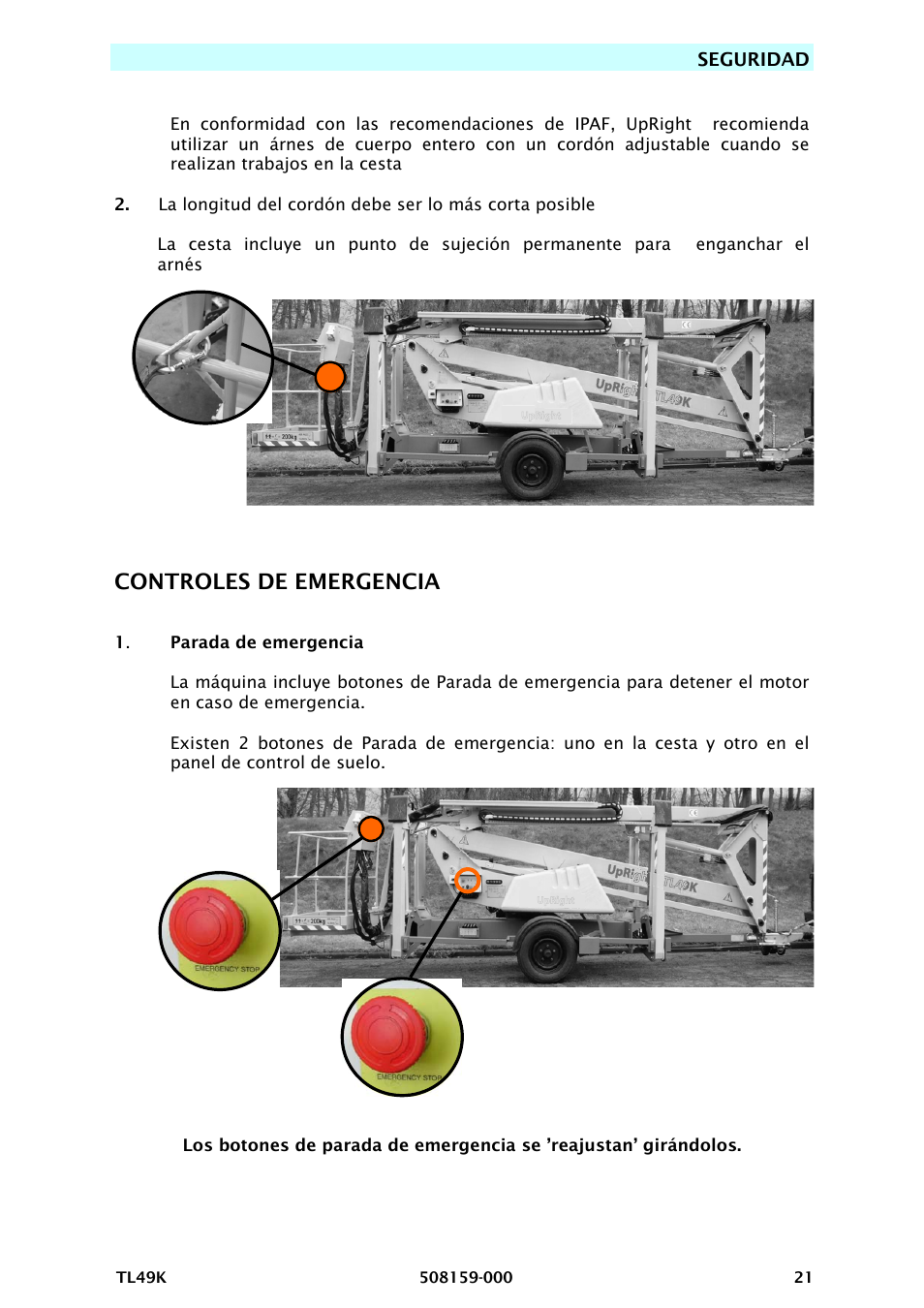 Controles de emergencia, Arnés de seguridad, Seguridad | Snorkel TL49K-sn8000 User Manual | Page 133 / 184