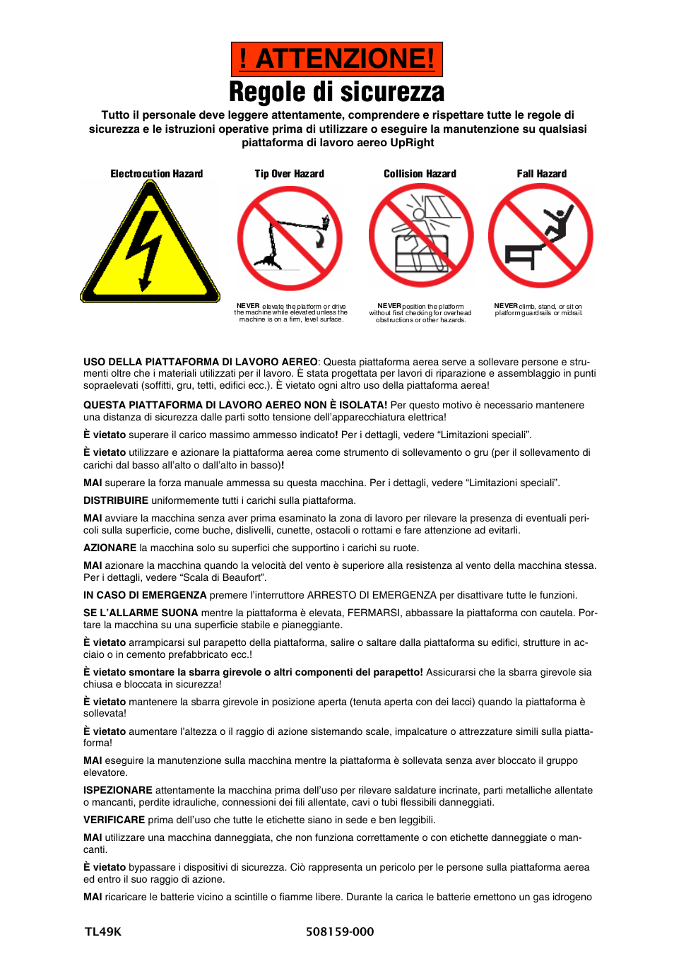 Attenzione! regole di sicurezza | Snorkel TL49K-sn8000 User Manual | Page 148 / 184