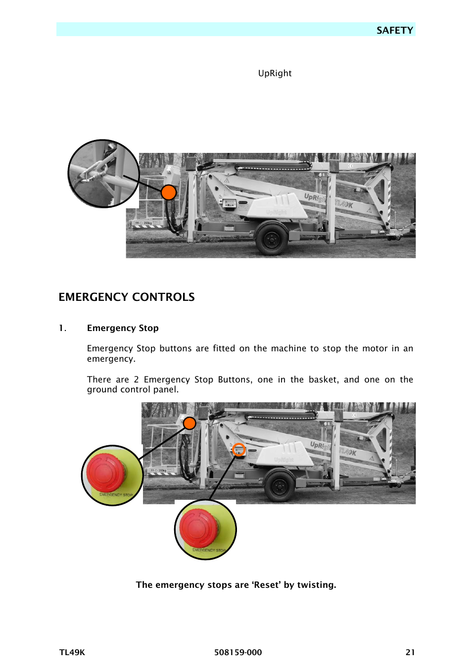 Emergency controls, Safety harness, Safety | Snorkel TL49K-sn8000 User Manual | Page 25 / 184