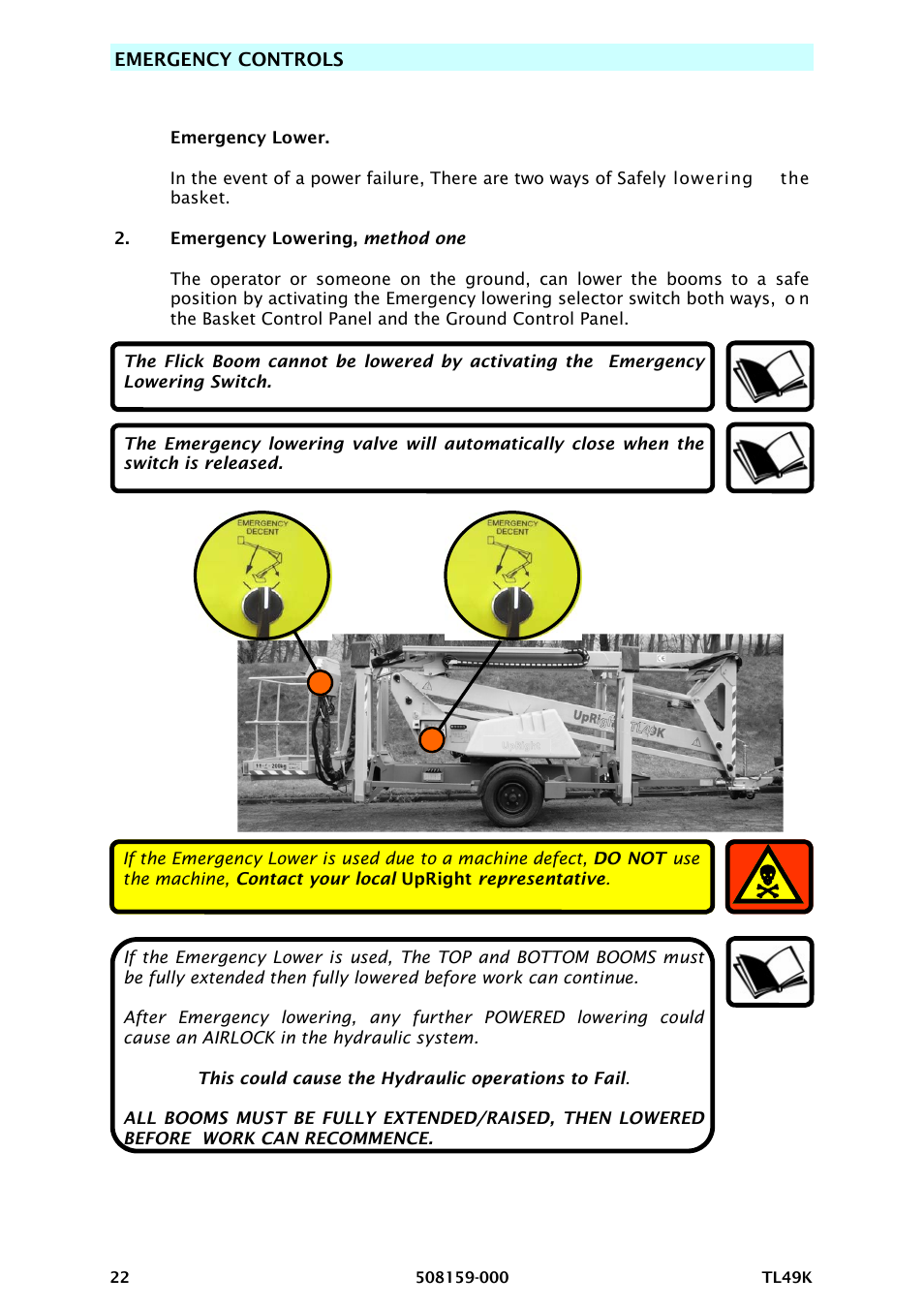 Emergency controls | Snorkel TL49K-sn8000 User Manual | Page 26 / 184