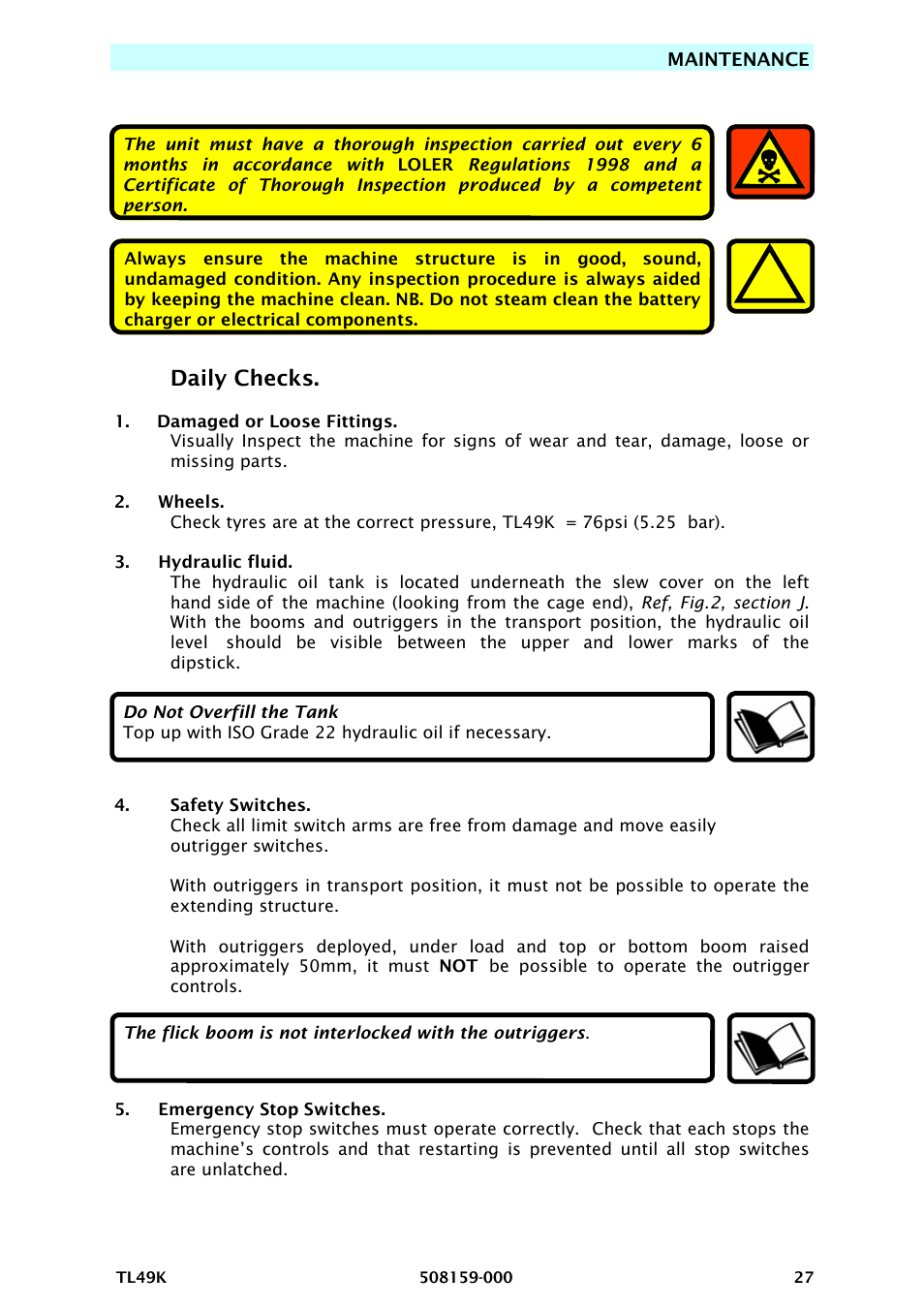 Daily checks | Snorkel TL49K-sn8000 User Manual | Page 31 / 184