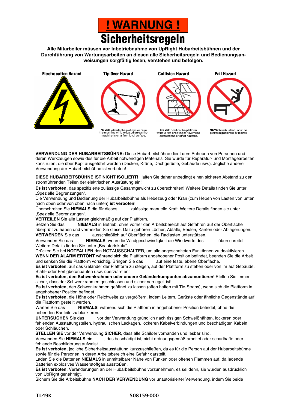 Warnung ! sicherheitsregeln | Snorkel TL49K-sn8000 User Manual | Page 41 / 184