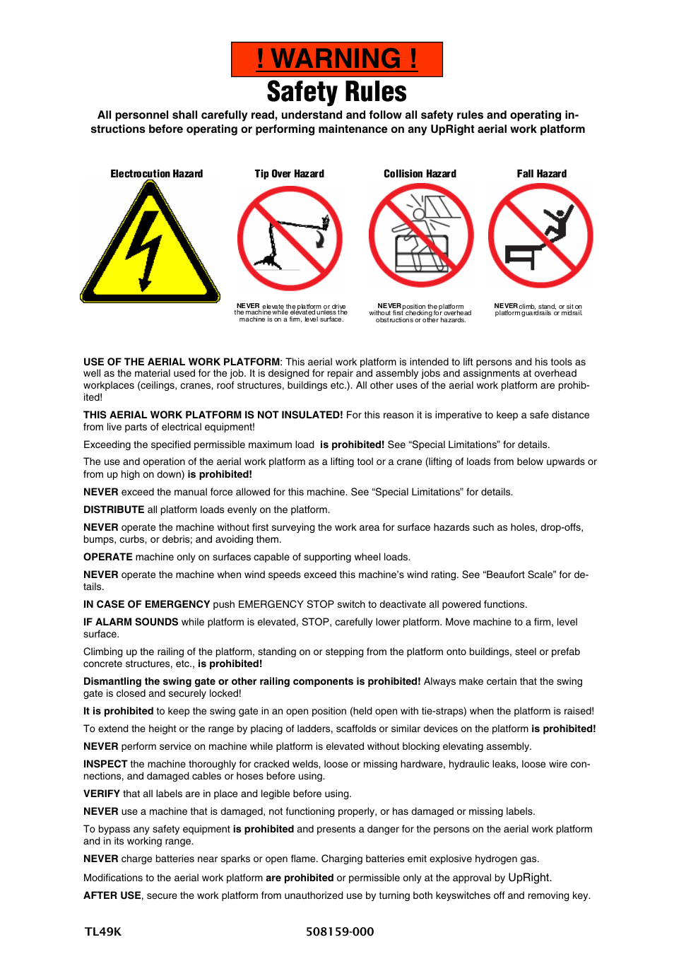 Warning ! safety rules | Snorkel TL49K-sn8000 User Manual | Page 5 / 184