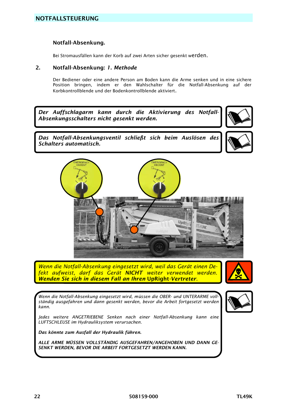 Notfallsteuerung | Snorkel TL49K-sn8000 User Manual | Page 62 / 184