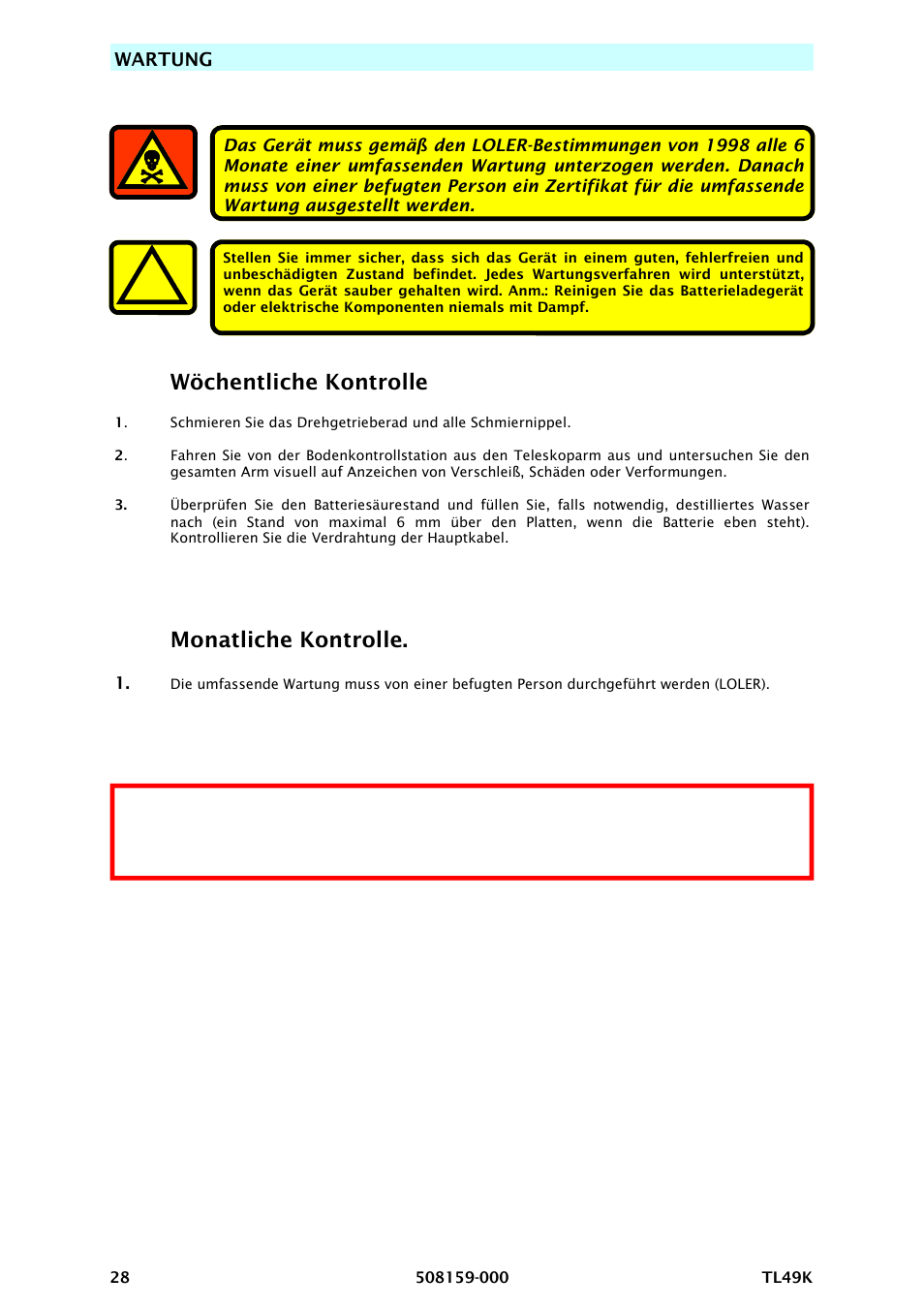Wöchentliche kontrolle, Monatliche kontrolle | Snorkel TL49K-sn8000 User Manual | Page 68 / 184