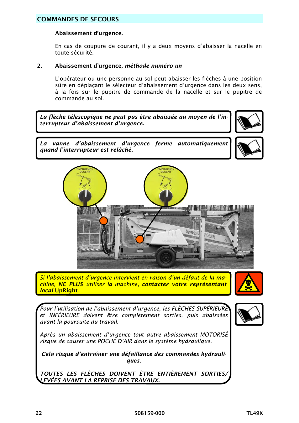 Commandes de secours | Snorkel TL49K-sn8000 User Manual | Page 98 / 184