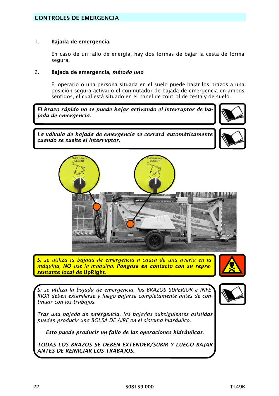 Controles de emergencia | Snorkel TL49K-sn8500+ User Manual | Page 134 / 184