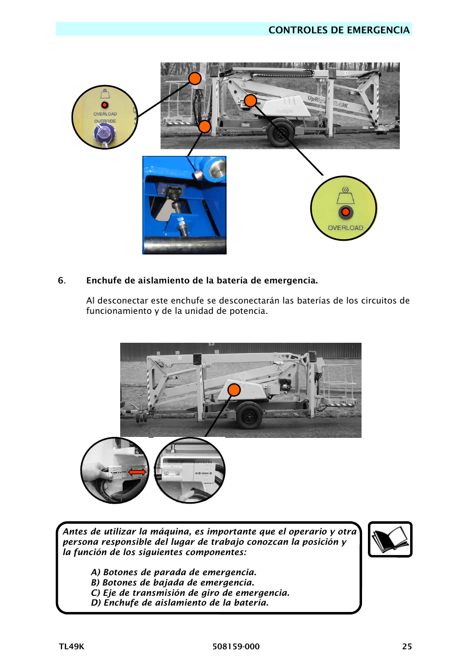 Controles de emergencia | Snorkel TL49K-sn8500+ User Manual | Page 137 / 184