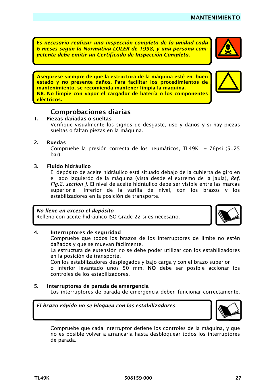 Comprobaciones diarias | Snorkel TL49K-sn8500+ User Manual | Page 139 / 184