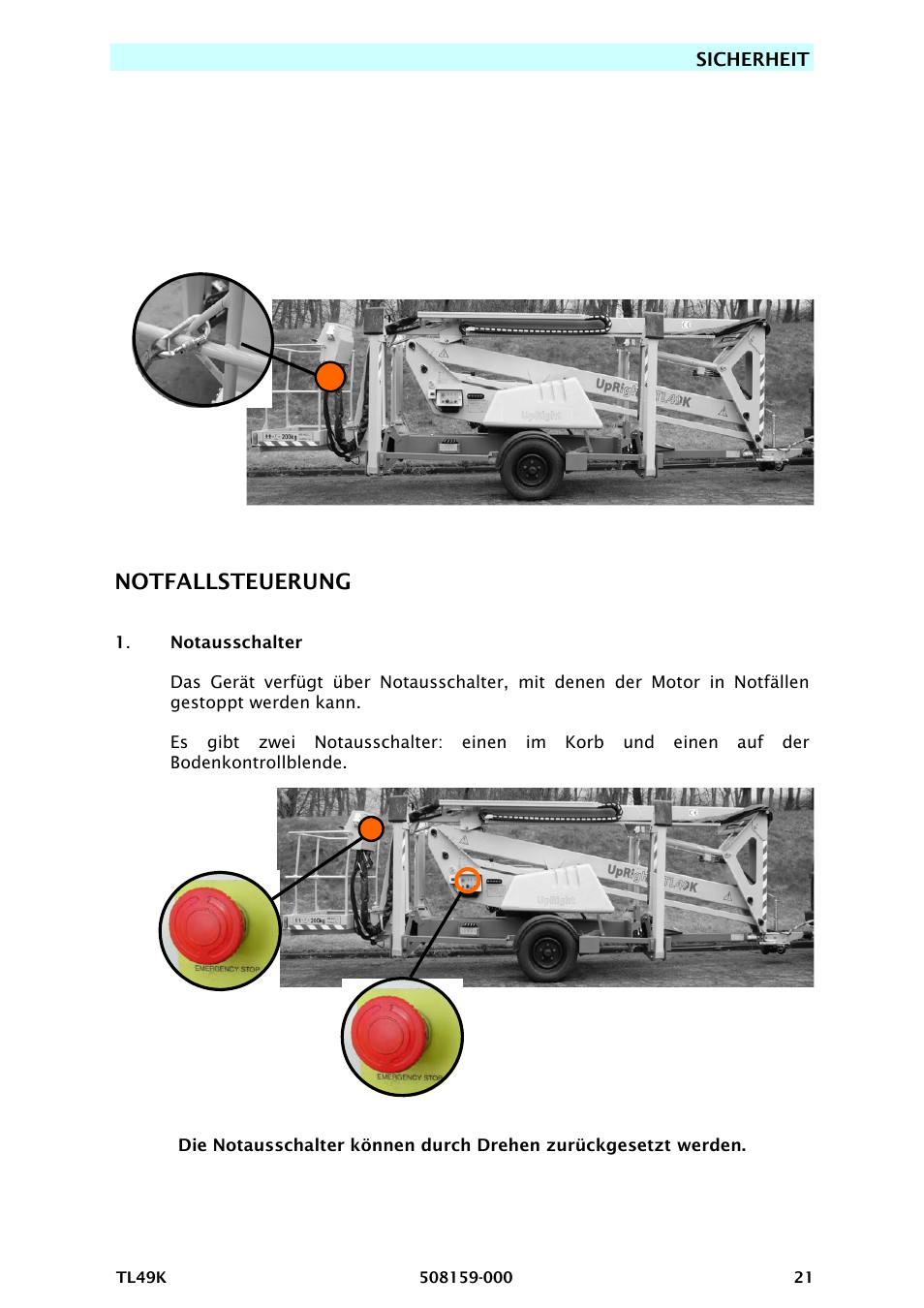 Notfallsteuerung, Sicherheitsgurt, Sicherheit | Snorkel TL49K-sn8500+ User Manual | Page 61 / 184