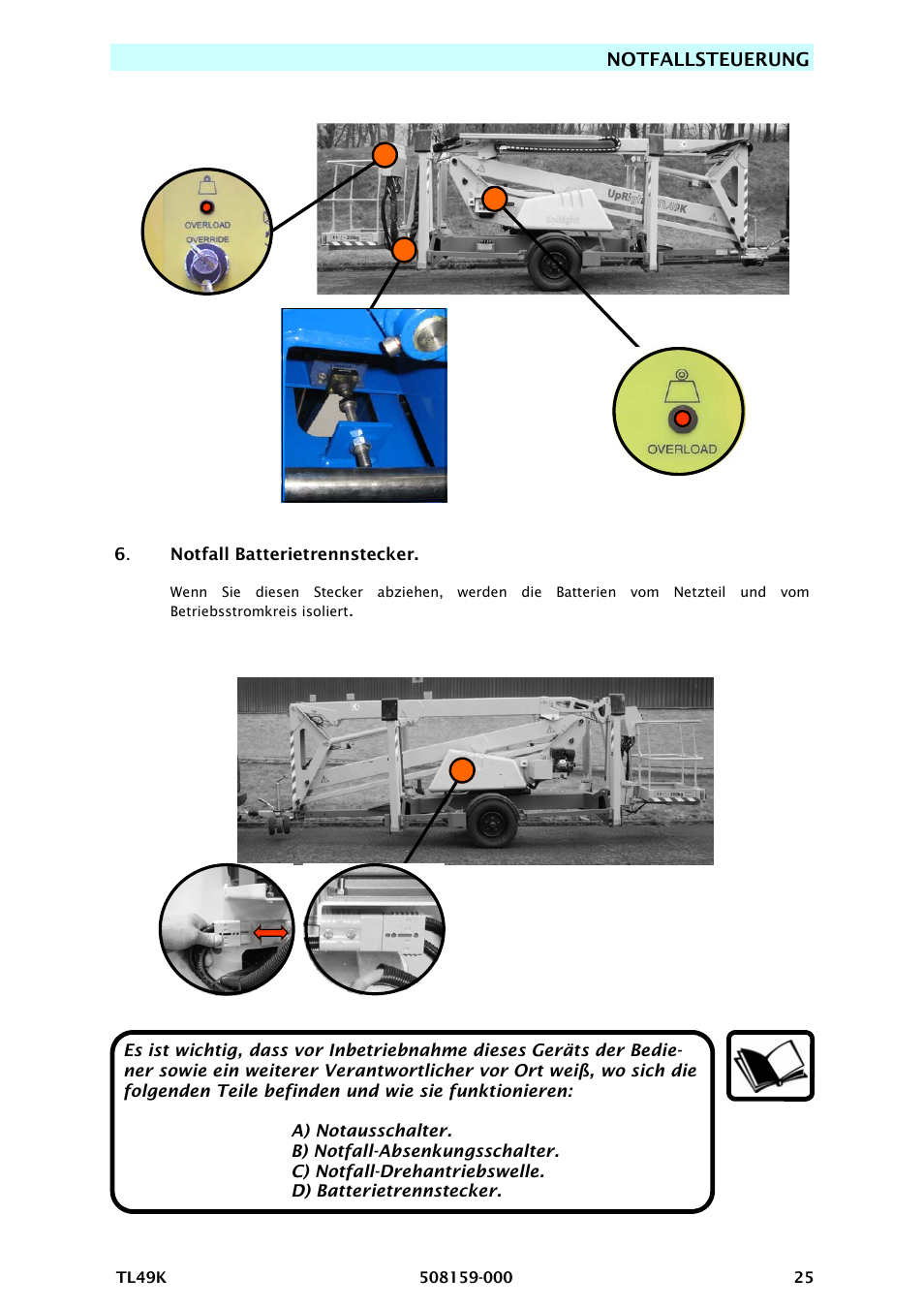 Notfallsteuerung, Notfall batterietrennstecker | Snorkel TL49K-sn8500+ User Manual | Page 65 / 184