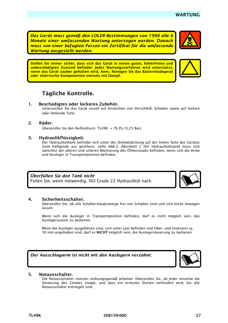 Tägliche kontrolle | Snorkel TL49K-sn8500+ User Manual | Page 67 / 184