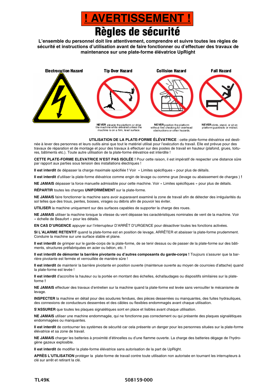 Avertissement ! règles de sécurité | Snorkel TL49K-sn8500+ User Manual | Page 77 / 184