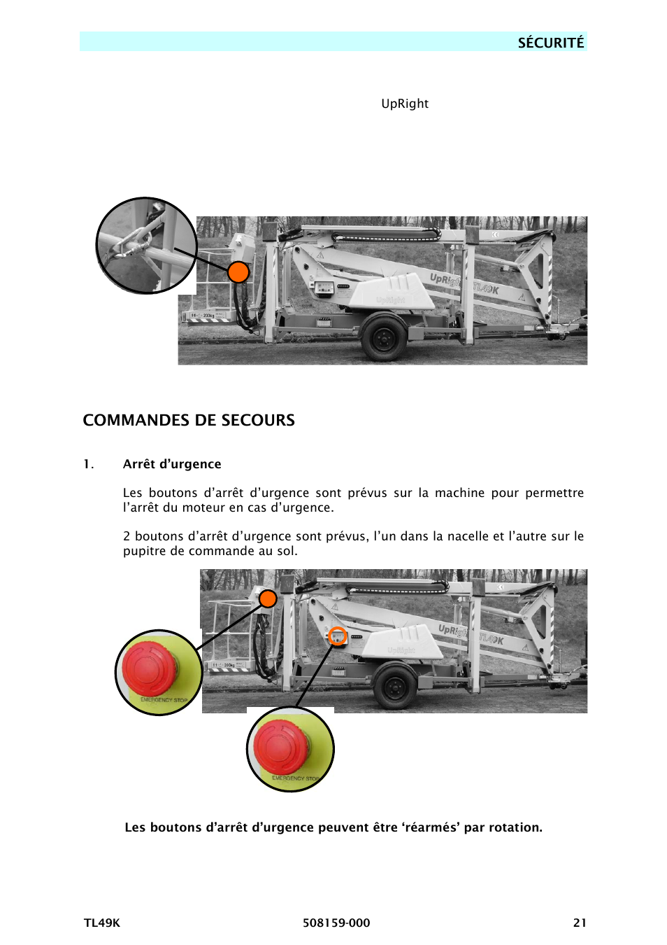 Commandes de secours, Harnais de sécurité, Sécurité | Snorkel TL49K-sn8500+ User Manual | Page 97 / 184