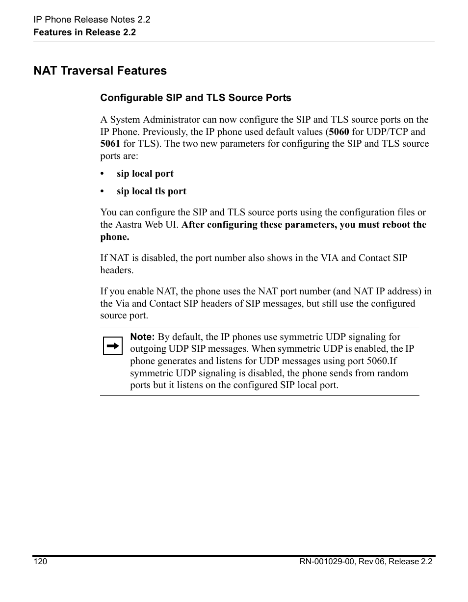 Nat traversal features, Configurable sip and tls source ports | Aastra Telecom REV 06 User Manual | Page 124 / 146