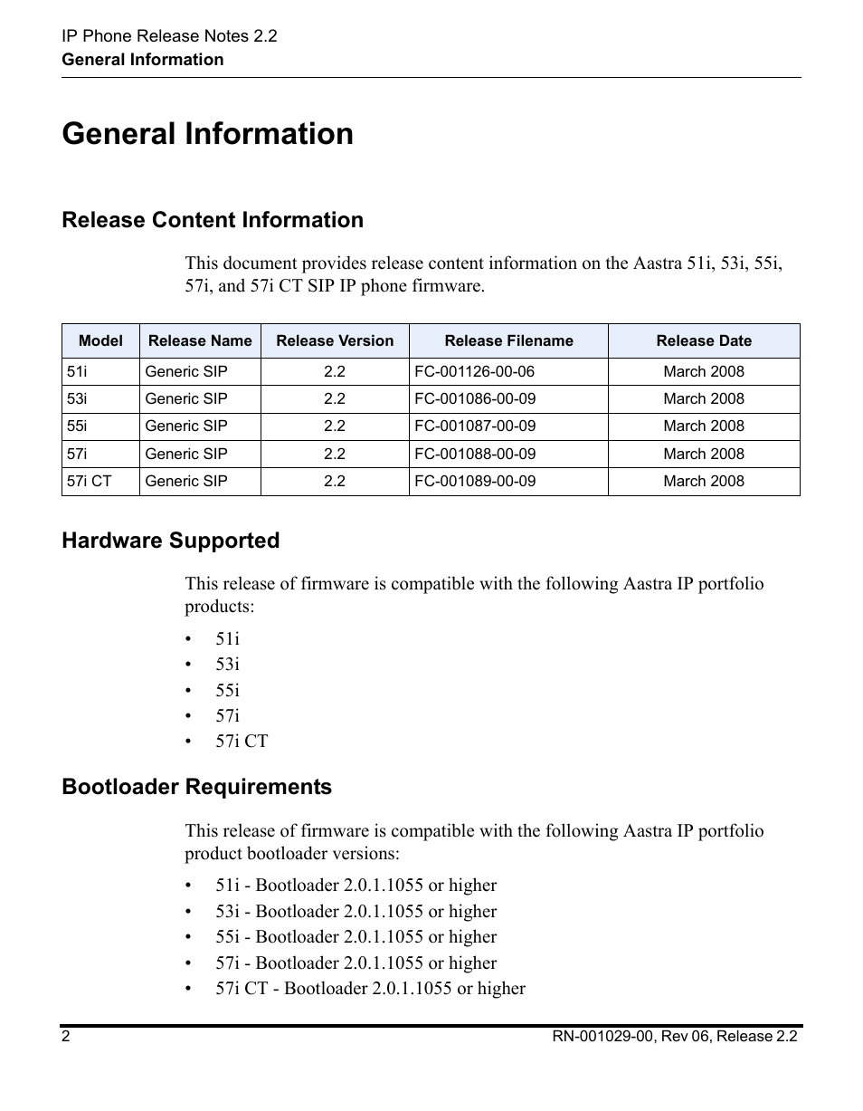 General information, Release content information, Hardware supported | Bootloader requirements | Aastra Telecom REV 06 User Manual | Page 6 / 146