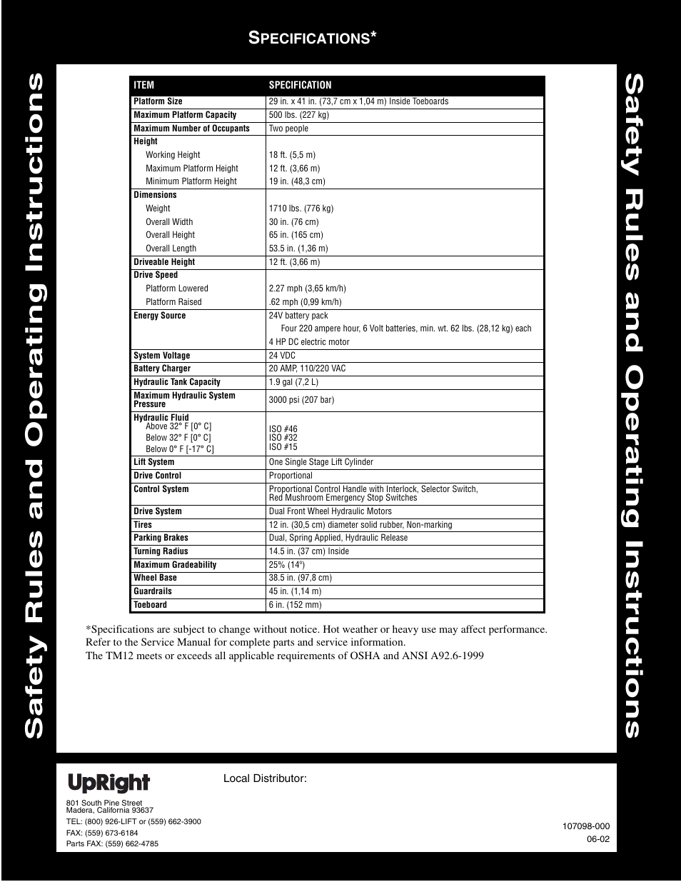 Pecifications | Snorkel TM12-sn5000-7351 User Manual | Page 12 / 12