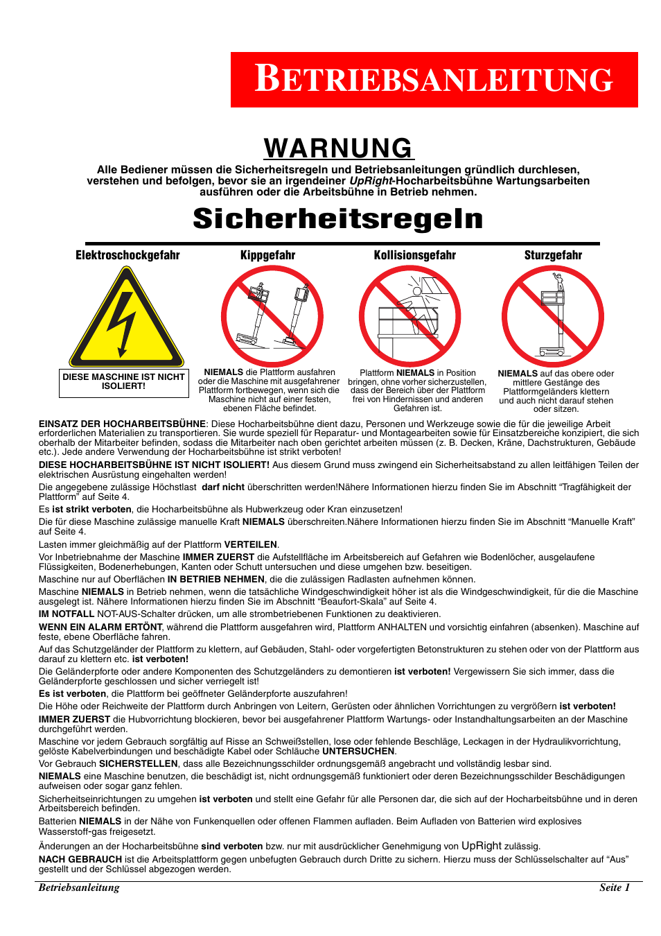 Etriebsanleitung, Warnung, Sicherheitsregeln | Snorkel TM12-sn50211+ User Manual | Page 21 / 84