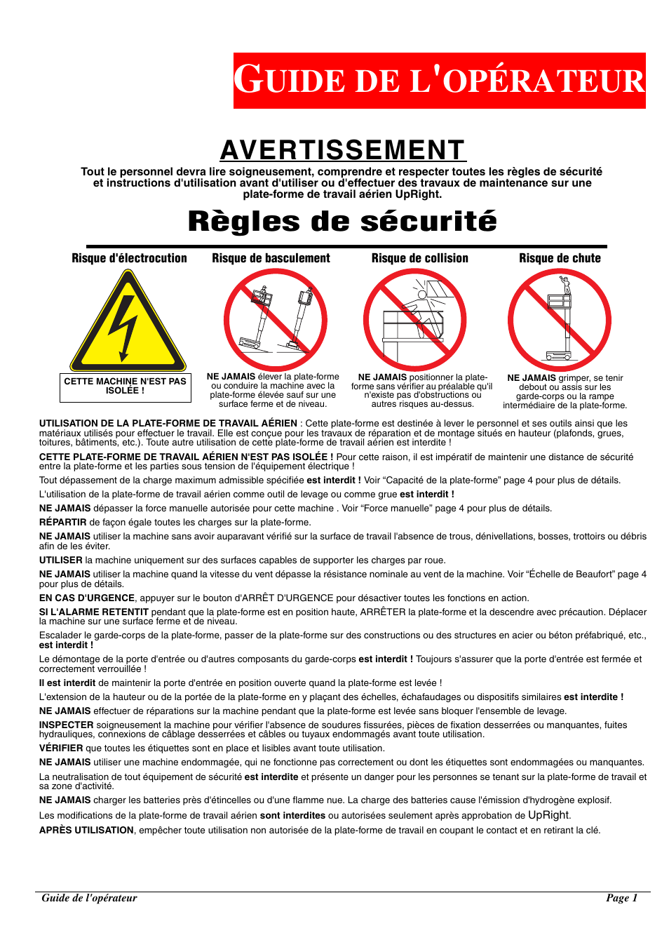 Uide, Opérateur, Avertissement | Règles de sécurité | Snorkel TM12-sn50211+ User Manual | Page 37 / 84